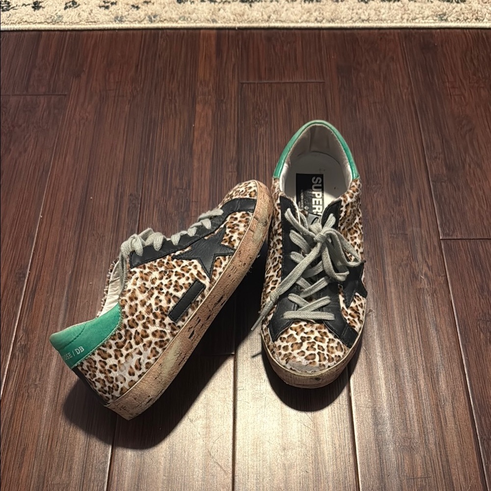 Golden Goose Leopard Sneakers with Green Trim
